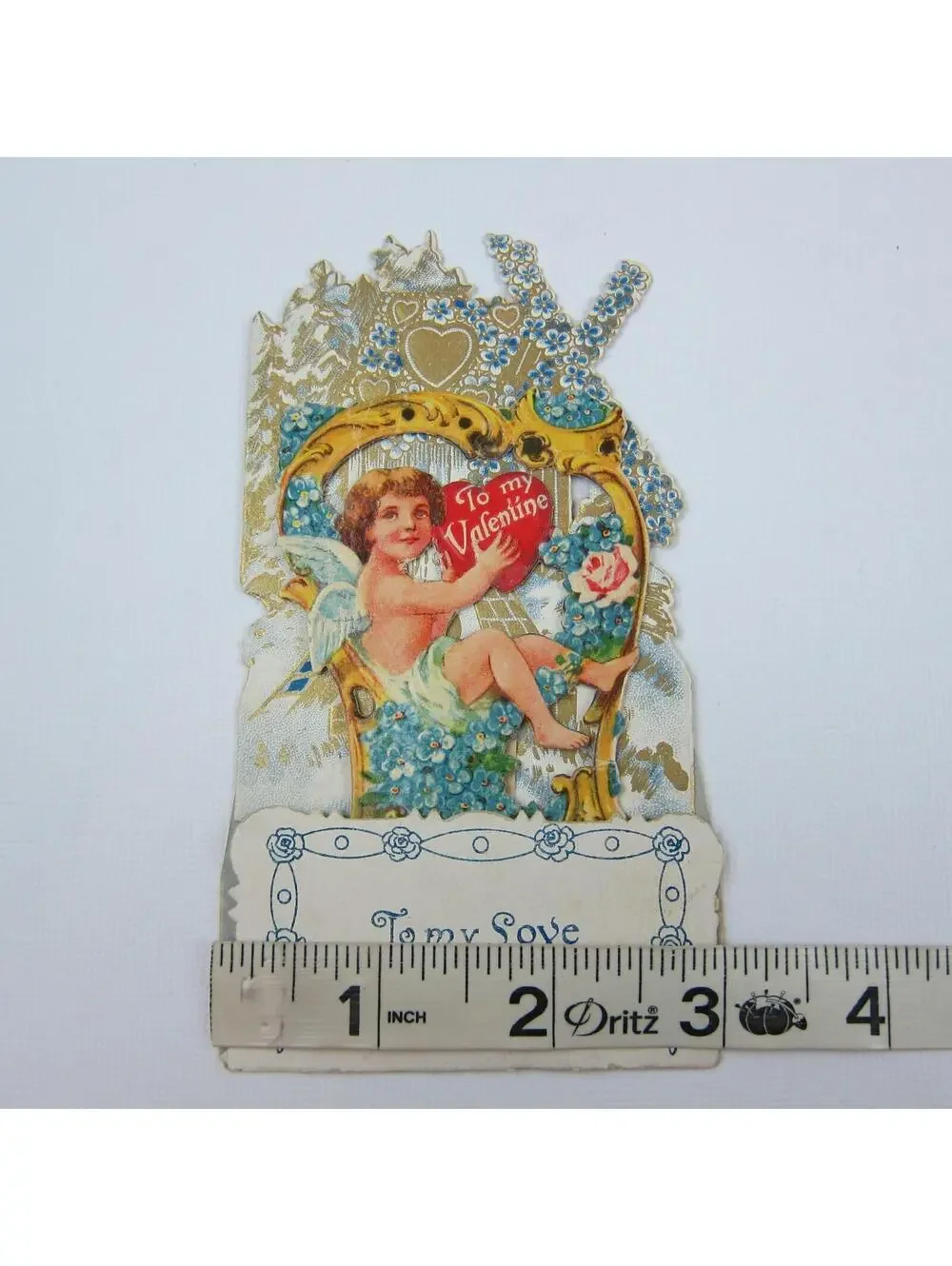 Vintage Valentine 3D Pop Up Die Cut Blonde Boy Angel Cupid Gold Harp Blue Flower